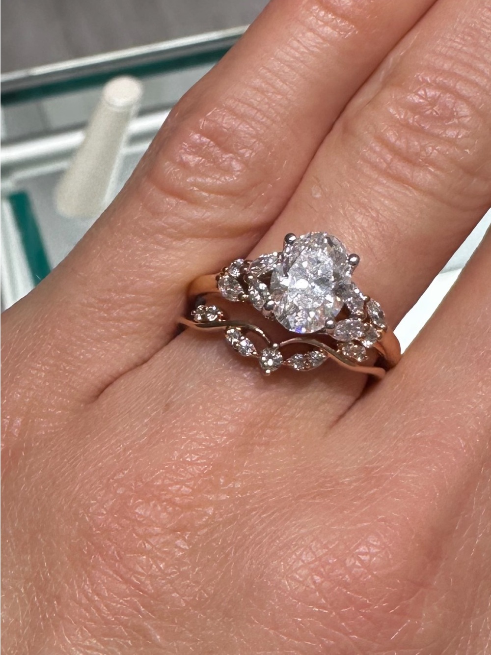 Monique Lhuillier Rose Gold Oval Diamond Halo Ring with Diamond Accent Band